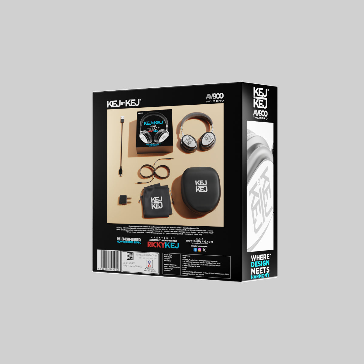 KEJBYKEJ® India's 1st and Only Headphone Brand Created by a 3X Grammy® Winning Artist Ricky Kej | AV900 ANC Version 2.0 | Bluetooth v5.2 | USB-C | Beige | 20 Hours Playtime | Android or iOS | Midnight Black