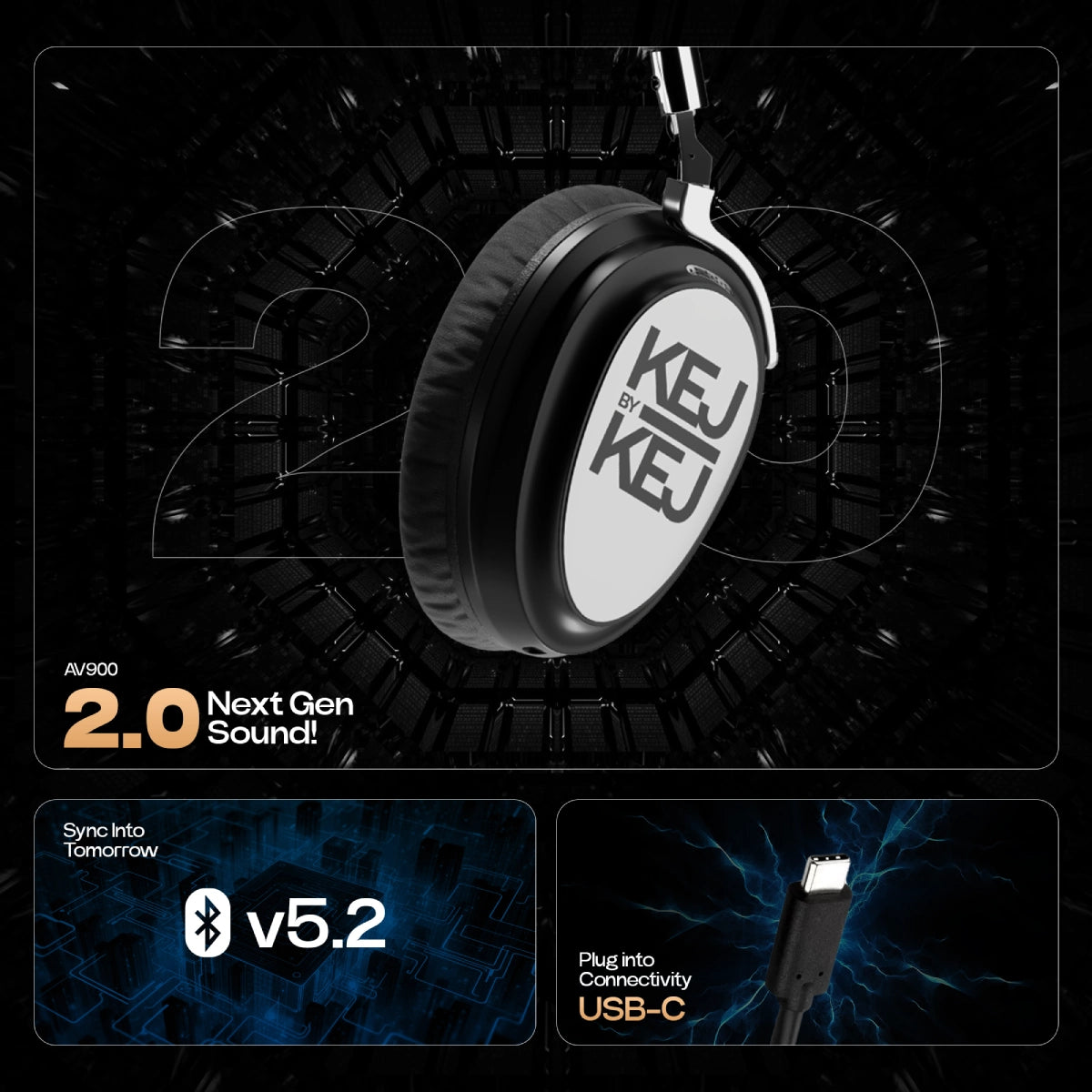 KEJBYKEJ® India's 1st and Only Headphone Brand Created by a 3X Grammy® Winning Artist Ricky Kej | AV900 ANC Version 2.0 | Bluetooth v5.2 | USB-C | Beige | 20 Hours Playtime | Android or iOS | Midnight Black