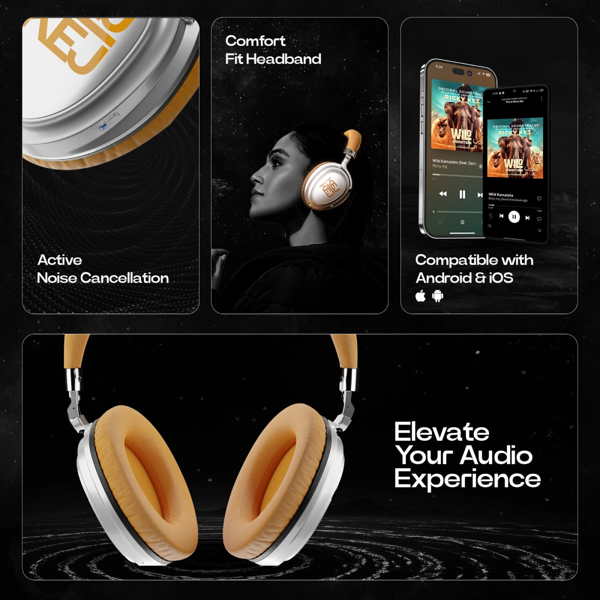 KEJBYKEJ® India's 1st and Only Headphone Brand Created by a 3X Grammy® Winning Artist Ricky Kej | AV900 ANC Version 2.0 | Bluetooth v5.2 | USB-C | Beige | 20 Hours Playtime | Android or iOS | | Beige Colour