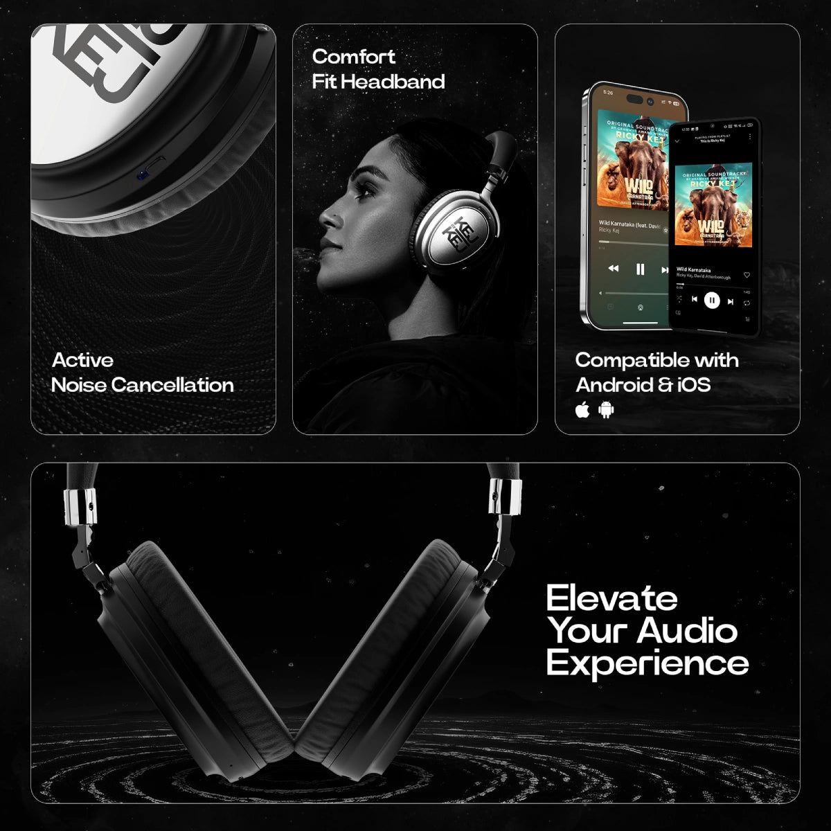 KEJBYKEJ® India's 1st and Only Headphone Brand Created by a 3X Grammy® Winning Artist Ricky Kej | AV900 ANC Version 2.0 | Bluetooth v5.2 | USB-C | Beige | 20 Hours Playtime | Android or iOS | Midnight Black