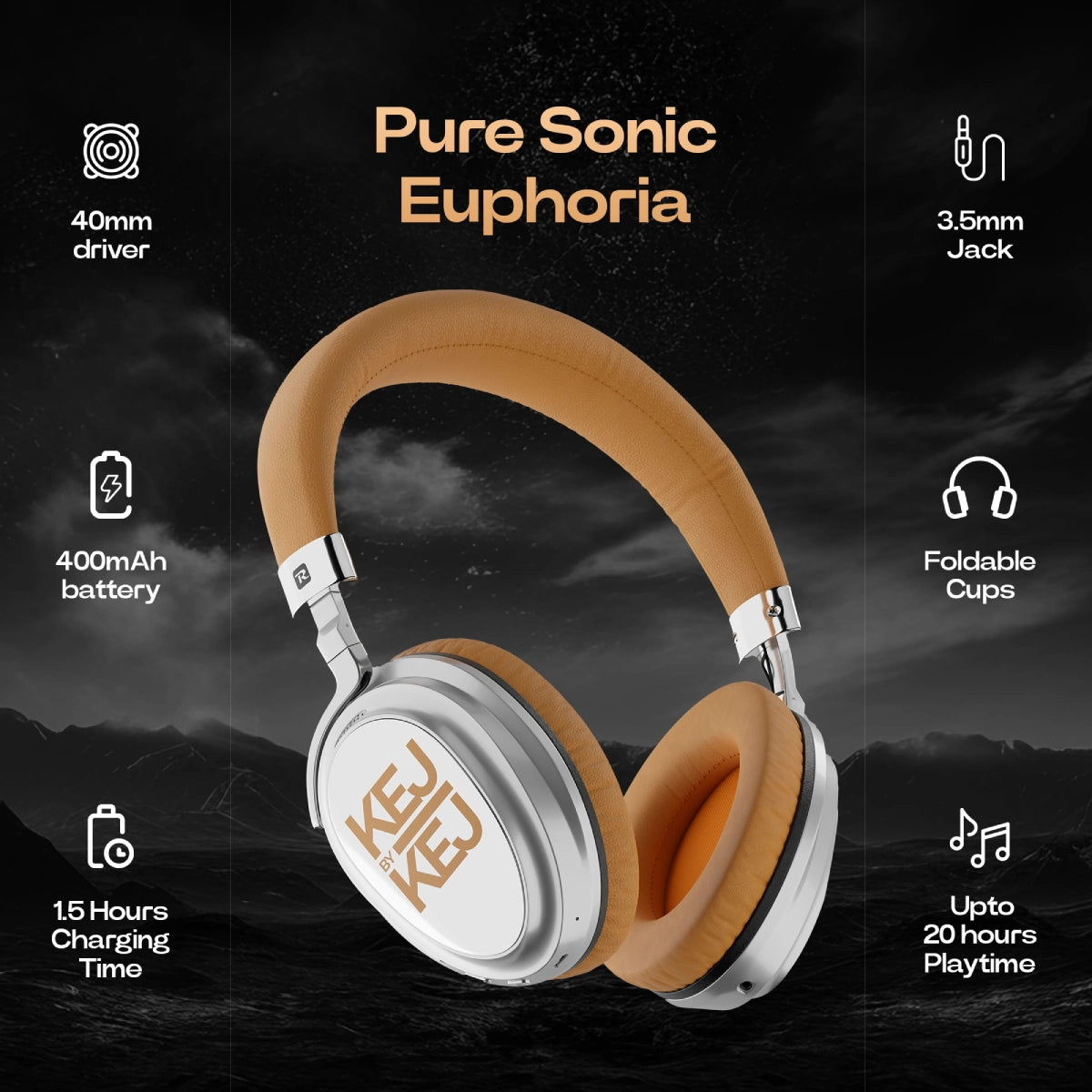 KEJBYKEJ® India's 1st and Only Headphone Brand Created by a 3X Grammy® Winning Artist Ricky Kej | AV900 ANC Version 2.0 | Bluetooth v5.2 | USB-C | Beige | 20 Hours Playtime | Android or iOS | | Beige Colour