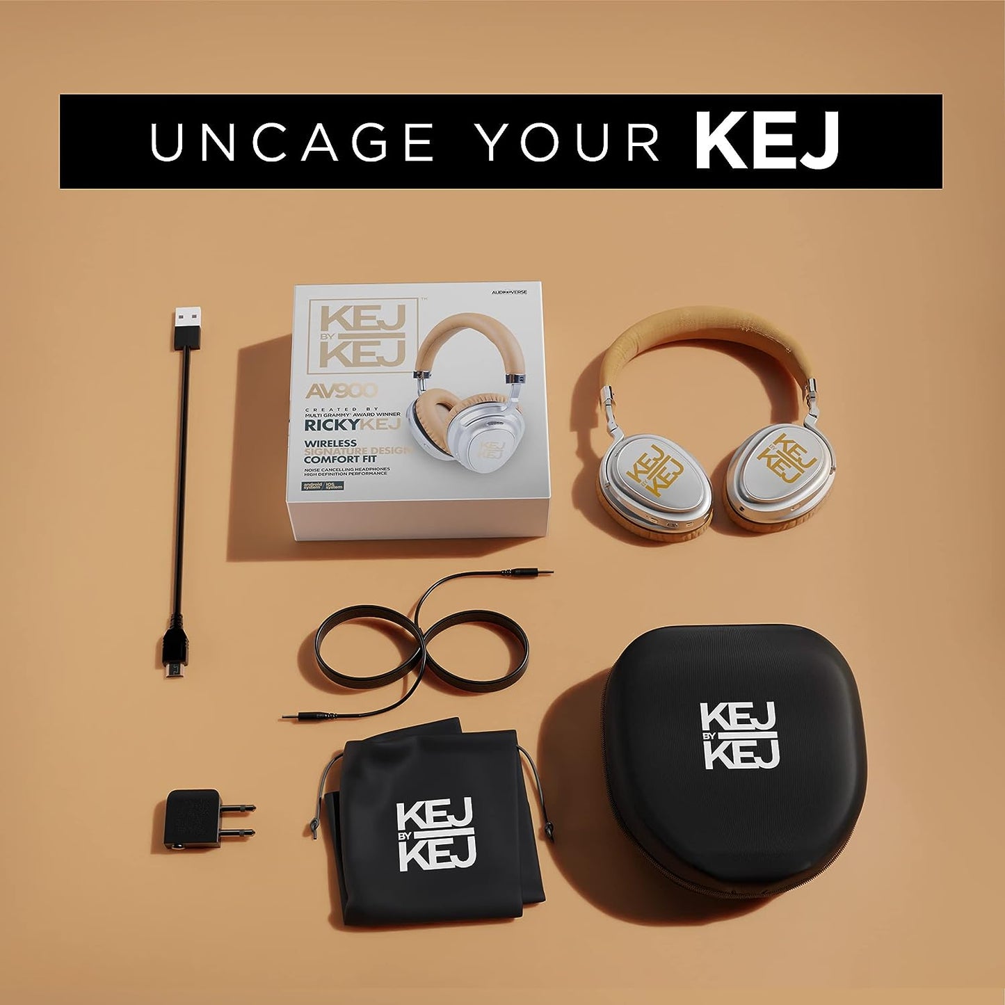 KEJBYKEJ® India's 1st and Only Headphone Brand Created by a Grammy® Winning Artist | AV900 ANC | Beige | Designed by 3X Grammy® Award Winner Ricky Kej | 20 Hours of Playtime | Android or iOS | Beige Colour